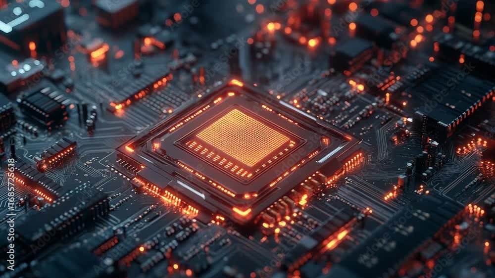 Poster cpu processing data on motherboard with orange lights