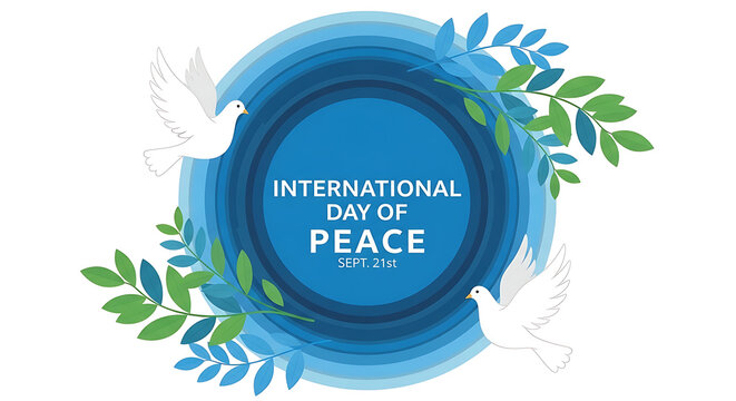 International day of peace illustration with white doves and green leaves against a blue background perfect for promoting peace and harmony worldwide - Powered by Adobe