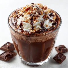 Decadent Hot Chocolate with Whipped Cream, Nuts, and Chocolate Syrup