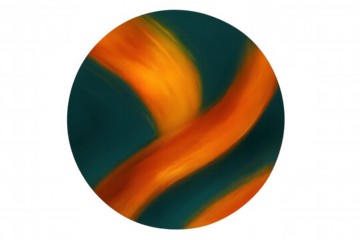 Abstract sphere with orange and teal brushstrokes, isolated on transparent background, ideal for digital art projects