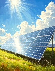Solar panels in a field under a bright sky