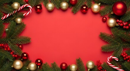 Christmas frame with ornaments, candy canes and pine branches
