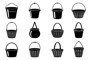 Twelve Black and White Icons of Buckets and Baskets:  A Collection of Simple, Solid and Outlined Container Illustrations