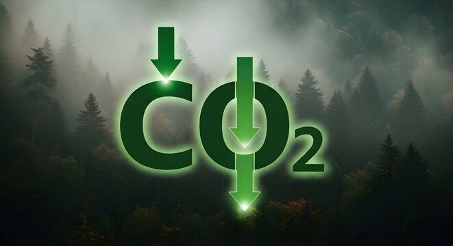 CO2 reduction graphic over misty forest: Bold green &ldquo;CO2&rdquo; with downward arrows superimposed on foggy tree canopy &mdash; representing carbon emissions reduction, decarbonization targets, nature‑based carbon