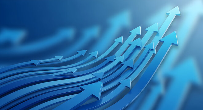 Converging growth arrows: Multiple stylized arrows curving upward and to the right in gradient blues and teals &mdash; symbolizing accelerated growth, alignment of teams, strategic momentum, scalability, an