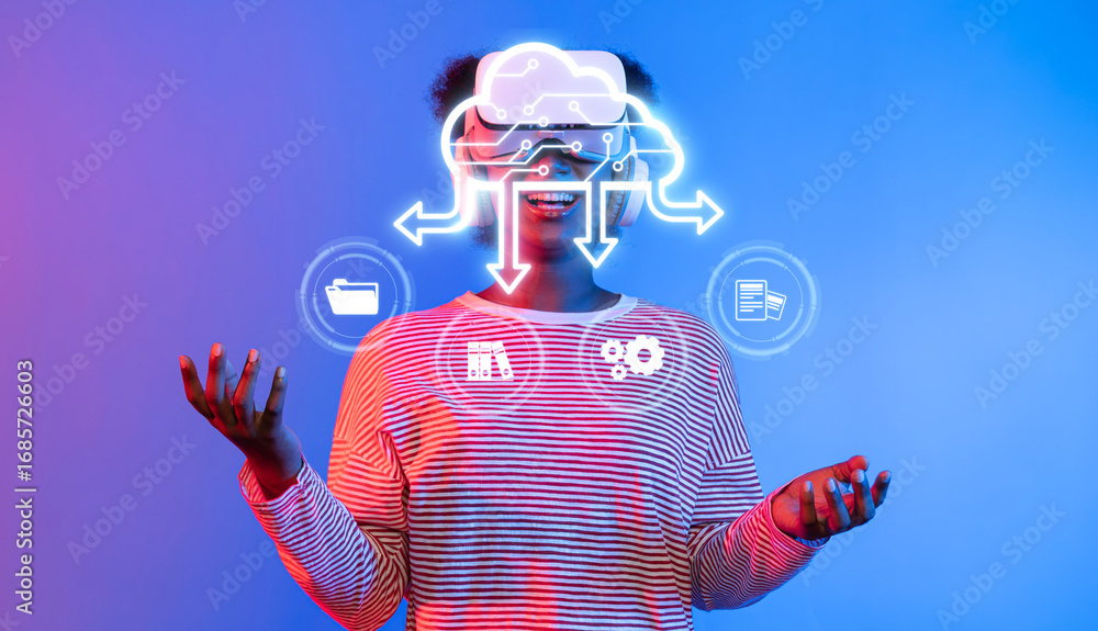 Aufkleber a person explores innovative cloud technology through virtual reality, engaging with digital tools f