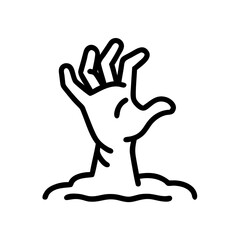 Obraz premium Minimalist black outline vector icon of a zombie hand rising from the ground, symbolizing Halloween, horror, and the undead. Isolated on a transparent background