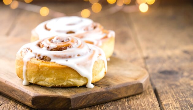 Two glazed cinnamon rolls on a wooden board