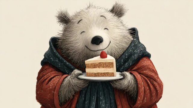 Cute bear holds plate slice of cake topped raspberry berry, smiling. Cozy red blue outfit, charm. Art illustration, joy, birthday celebration, sweetness. Children kid art, postcard design. Post card.