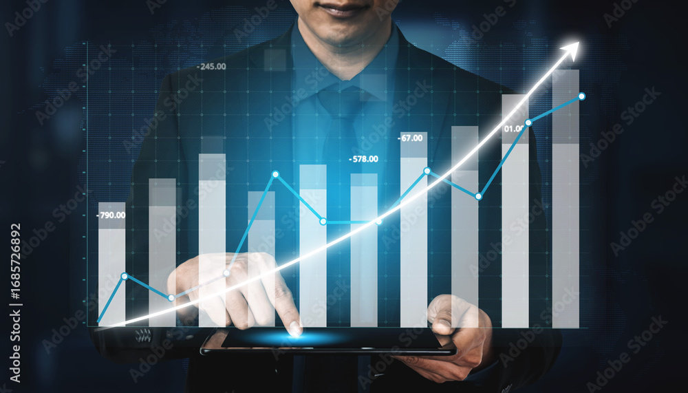 Poster a businessman in a suit presents financial data on a tablet while observing a rising graph and chart