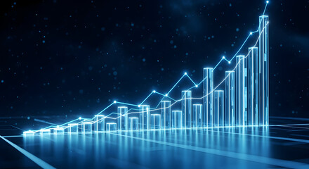 Blue holographic market surge: Neon-blue 3D line chart and candlestick pattern rising sharply against a dark grid background — symbolizing bullish market momentum, technical breakout, high-frequency s