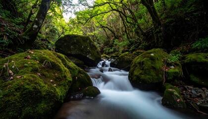 Lush forest stream flowing over mossy rocks