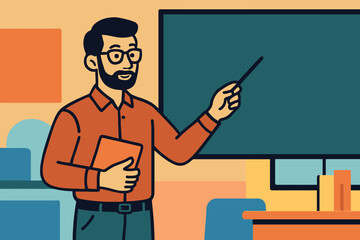 Bearded teacher with glasses points to blackboard holding a book
