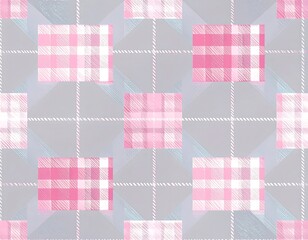 Pink and white plaid pattern on a light gray background with a textured effect