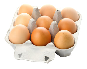 Œufs de poule frais et bio dans une boîte en carton gris, vue du dessus.