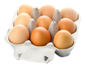 Œufs de poule frais et bio dans une boîte en carton gris, vue du dessus.