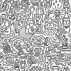 A vibrant collection of doodles fills the canvas with playful characters and whimsical objects. The fun illustrations feature various creative items and express imagination in a dynamic arrangement.