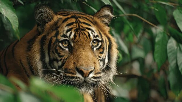 Majestic tiger cat gazes through lush green jungle foliage, eyes full of wild strength. Natural power and grace. Exotic atmosphere. Nature, wildlife. Wild animal face, muzzle, snout look camera.