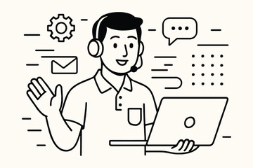 Friendly customer service agent with headset and laptop waves hello