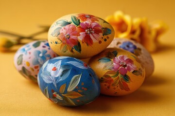 Beautifully decorated Easter eggs in vibrant colors on a yellow background, showcasing floral designs and a festive atmosphere for spring celebrations