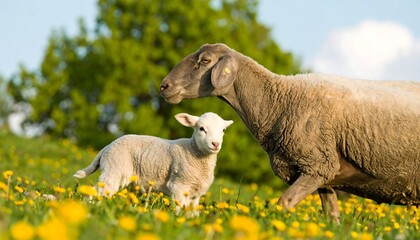 Sheep mother and lamb in a field of dandelions