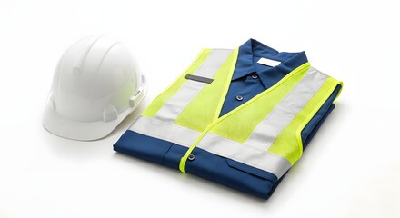 A white hard hat with a blue shirt and a safety vest on a white background in a studio setting