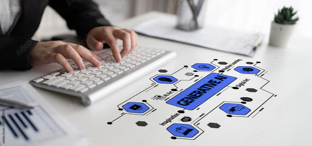 Poster a business professional interacts with generative ai ideas while typing on a keyboard in a modern of