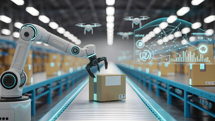Robotic arm handling package on conveyor belt in futuristic warehouse