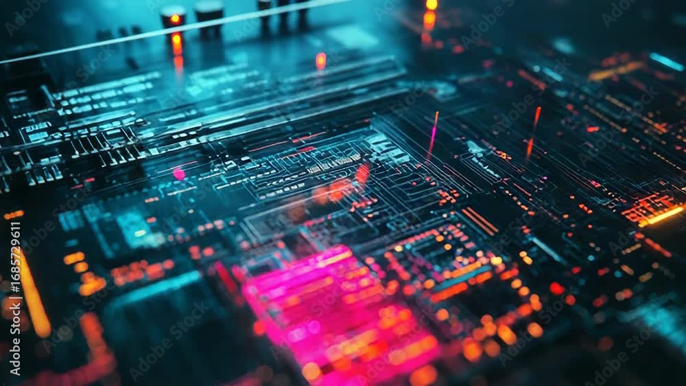 Poster futuristic circuit board pulsating with data flow in neon colors
