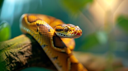 Fototapeta premium Close up of a vibrant orange python coiled on a branch