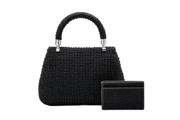 Black structured handbag with matching cardholder.  Silver hardware.  Woven texture
