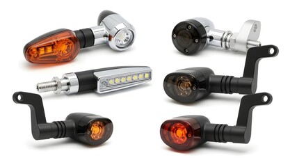 A collection of motorcycle turn signals in various designs and finishes on a white background