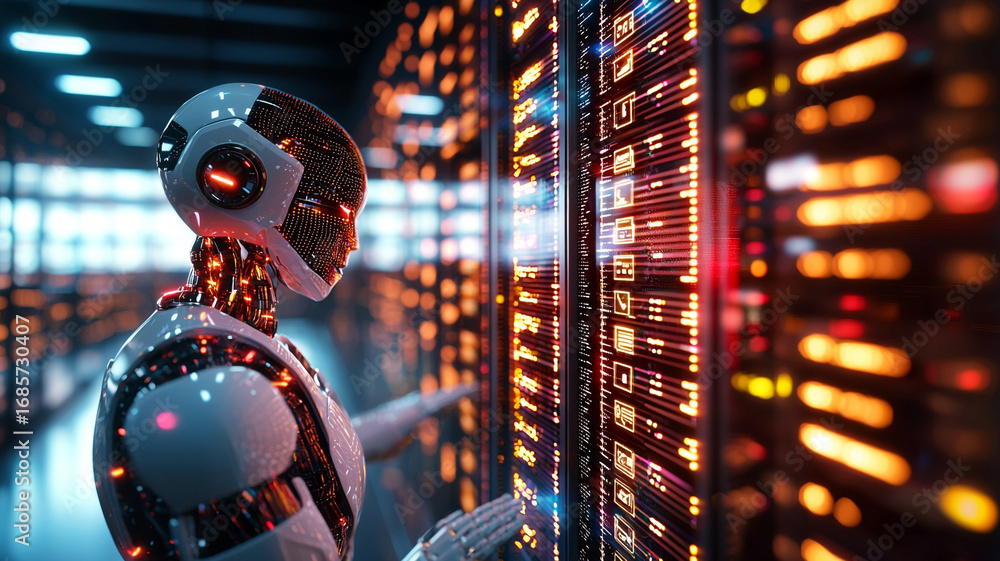 Poster futuristic robot interacting with glowing data server in modern data center