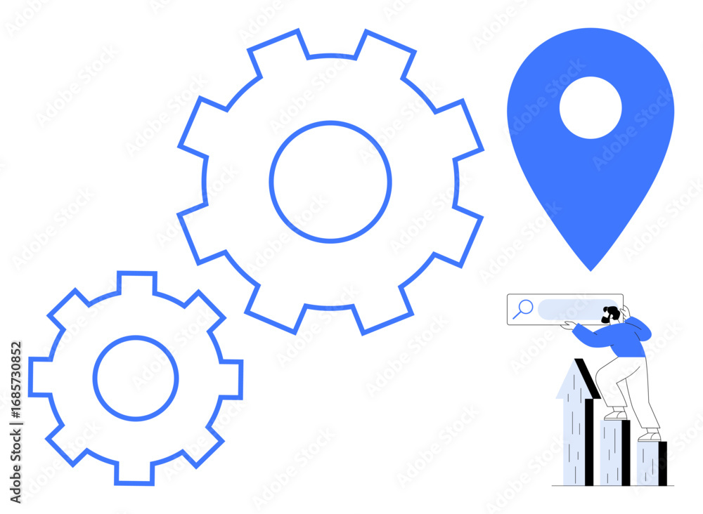 Aufkleber gears represent processes, a location pin indicates navigation, and a man searches using a bar on st