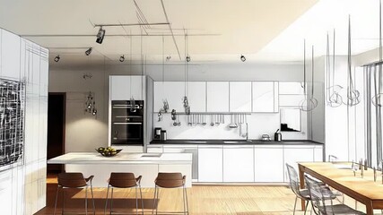 Modern open space kitchen and living room rendering project