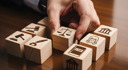 Obraz premium Business capability building blocks: A hand arranging wooden blocks stamped with icons for finance, legal, HR, cloud, analytics, and operations — representing organizational capability mapping, core f