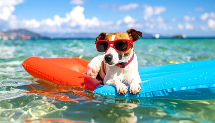 A canine floats on a colorful raft in the ocean, wearing sunglasses, enjoying a sunny day