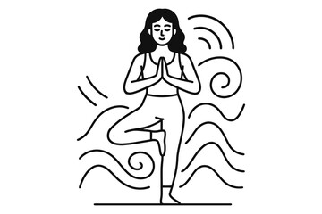Woman practicing yoga tree pose with calming wavy lines background