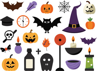 Halloween Vector Illustration Set with Pumpkins Bats and Other Spooky Elements