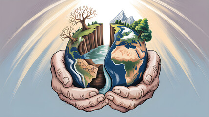 Two hands holding earth divided in two by climate change