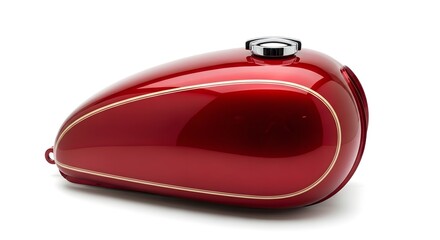 Close up of a red motorcycle fuel tank with chrome cap and gold pinstripes on a white background