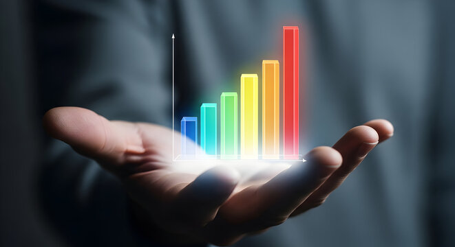 Hand-held growth chart: Businessperson&rsquo;s palm supporting a colorful ascending bar chart with depth-of-field background &mdash; symbolizing held growth, investor relations, measurable performance metrics, qu