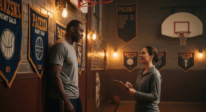 Male coach and female player conversation in gymnasium with basketball banners