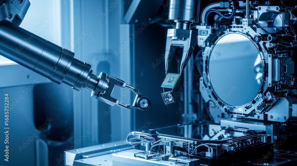 Poster closeup of robotic arms installing delicate components in extremeultraviolet lithography tool under 
