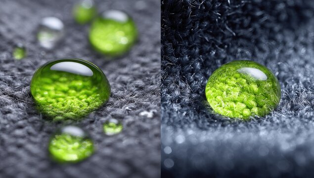 Water droplets on two fabrics, one with, one without water-repellent treatment