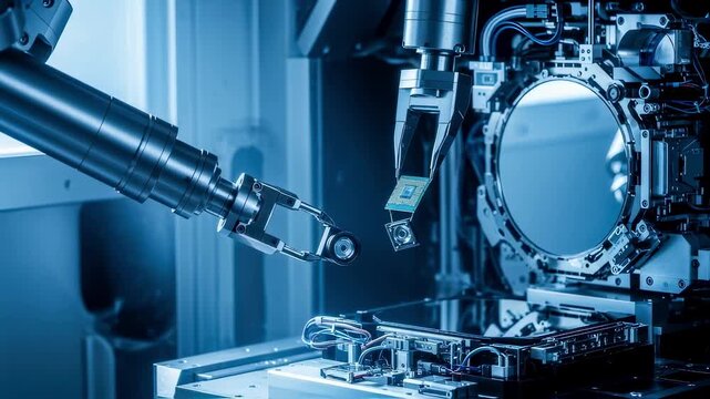 Closeup of robotic arms installing delicate components in extremeultraviolet lithography tool under controlled cleanroom conditions.