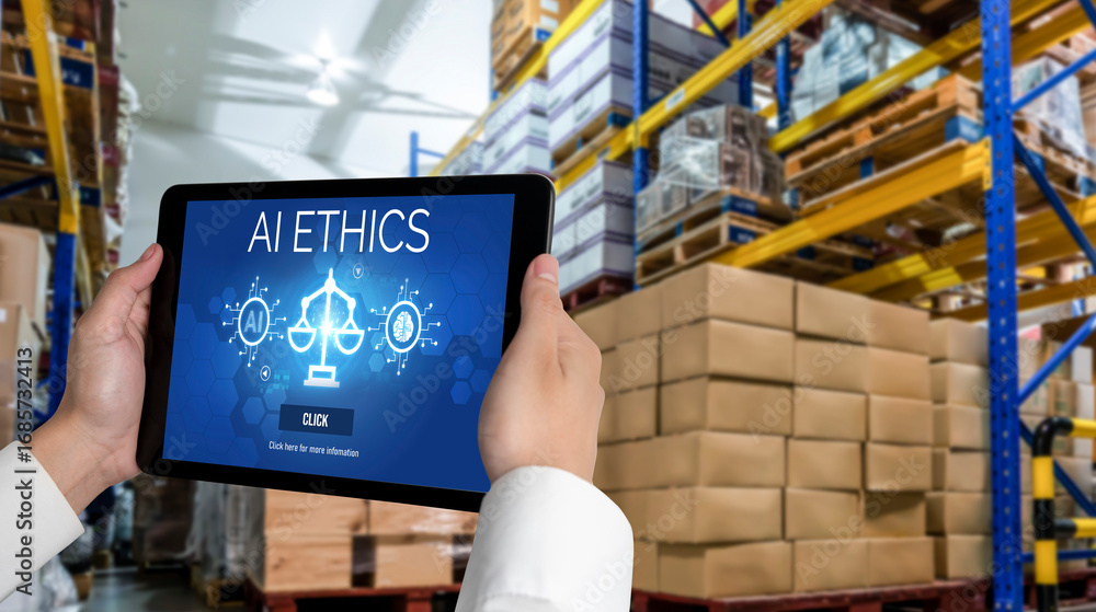 Aufkleber ai ethics responsibility standard law and rules on computer screen provide report of ai ethic transp