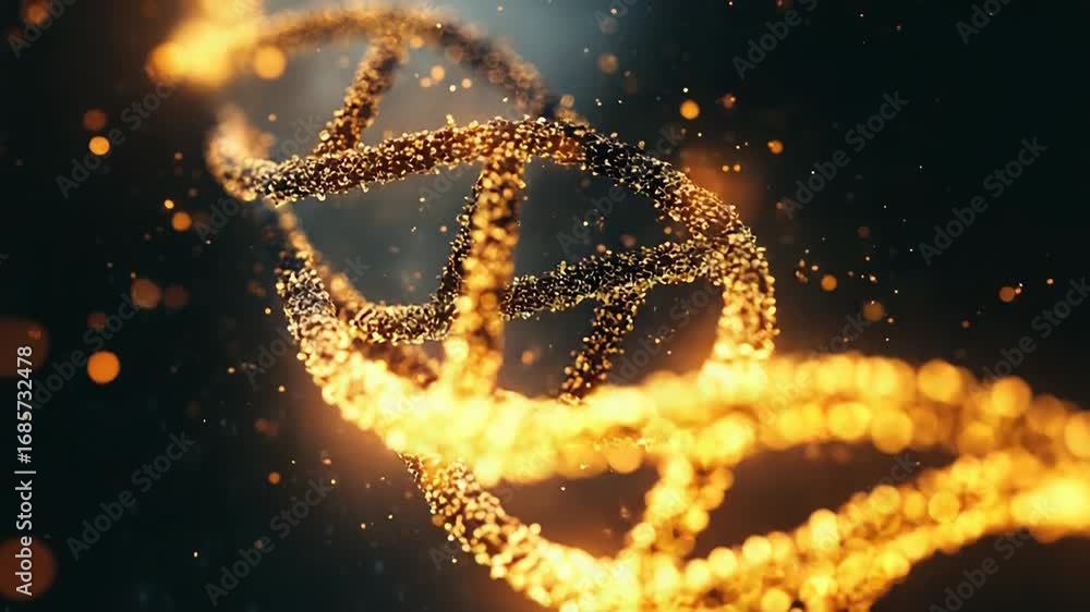 Poster golden dna helix rotating on black background with particles