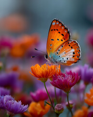Obraz premium Beautiful Orange Butterfly on Colorful Wildflower with Soft Bokeh Background