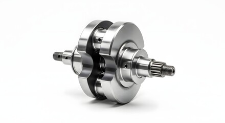 Close up shot of a shiny metal crankshaft component on a white background in a studio setting